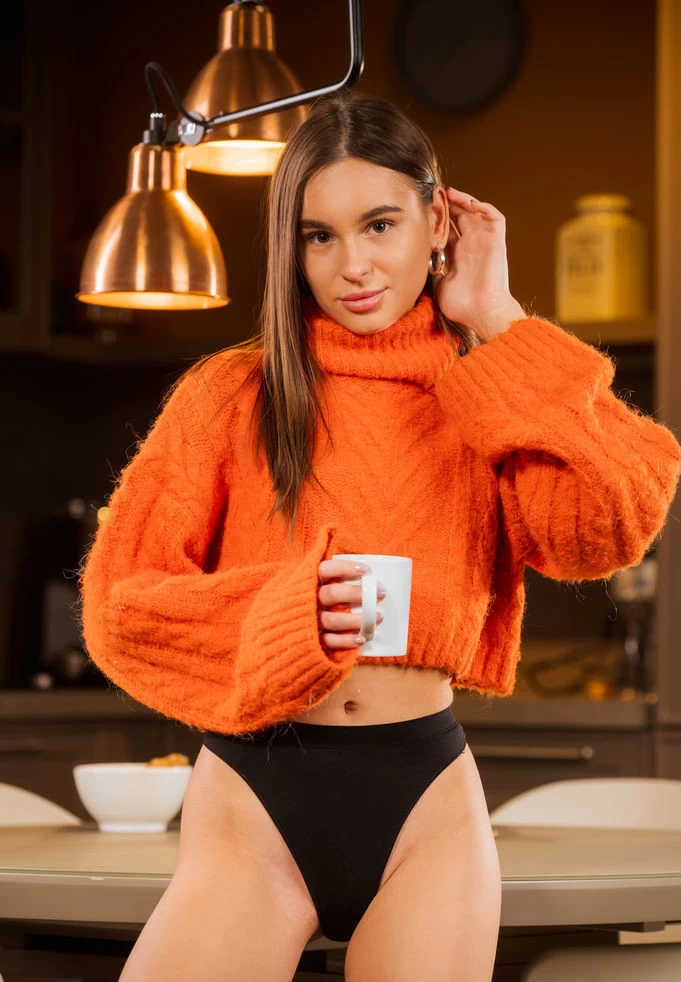 Picture of Sexy met art model in black panties and orange jumper 